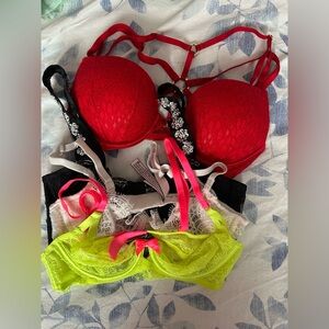 Victoria’s Secret Lace Bra Bundle 32B – 3-Piece Set – Red, Black & Neon –